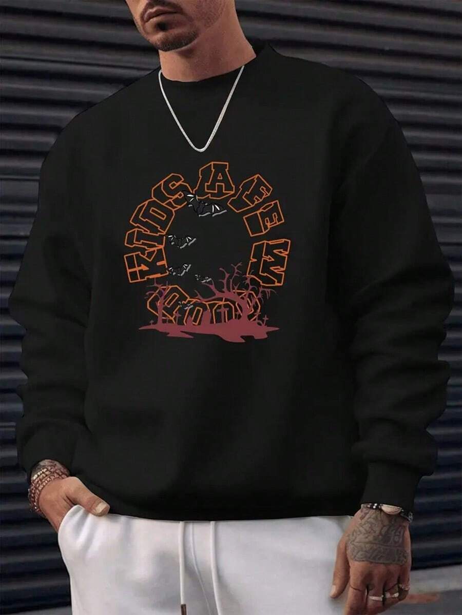 Print Round-Neck Sweatshirt, Casual Men'S Top, Regular Sweatshirt For Spring And Autumn.,Fall Hoodies,Men's Fall Clothes,Street Wear,Halloween,Mens Hoodies,Y2k Clothes,Jesus Hoodie,Thanksgiving Day,Nightmare Before Christmas,Christmas - Black - View 1