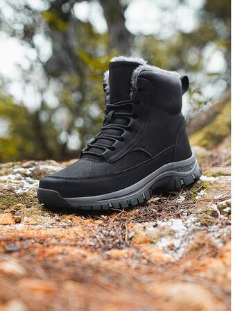 Winter Outdoor Sports Men Hiking Shoes - Non-Slip Waterproof Leather Snow Boots - Fashionable Plus Size Work High-Top Leather Boots - Casual Black Rubber Shoes