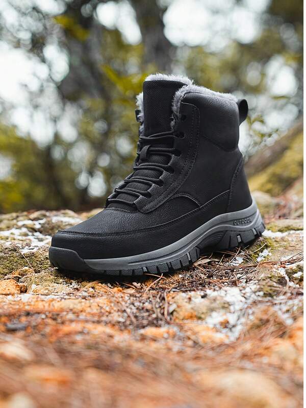 Winter Outdoor Sports Men Hiking Shoes - Non-Slip Waterproof Leather Snow Boots - Fashionable Plus Size Work High-Top Leather Boots - Casual Black Rubber Shoes