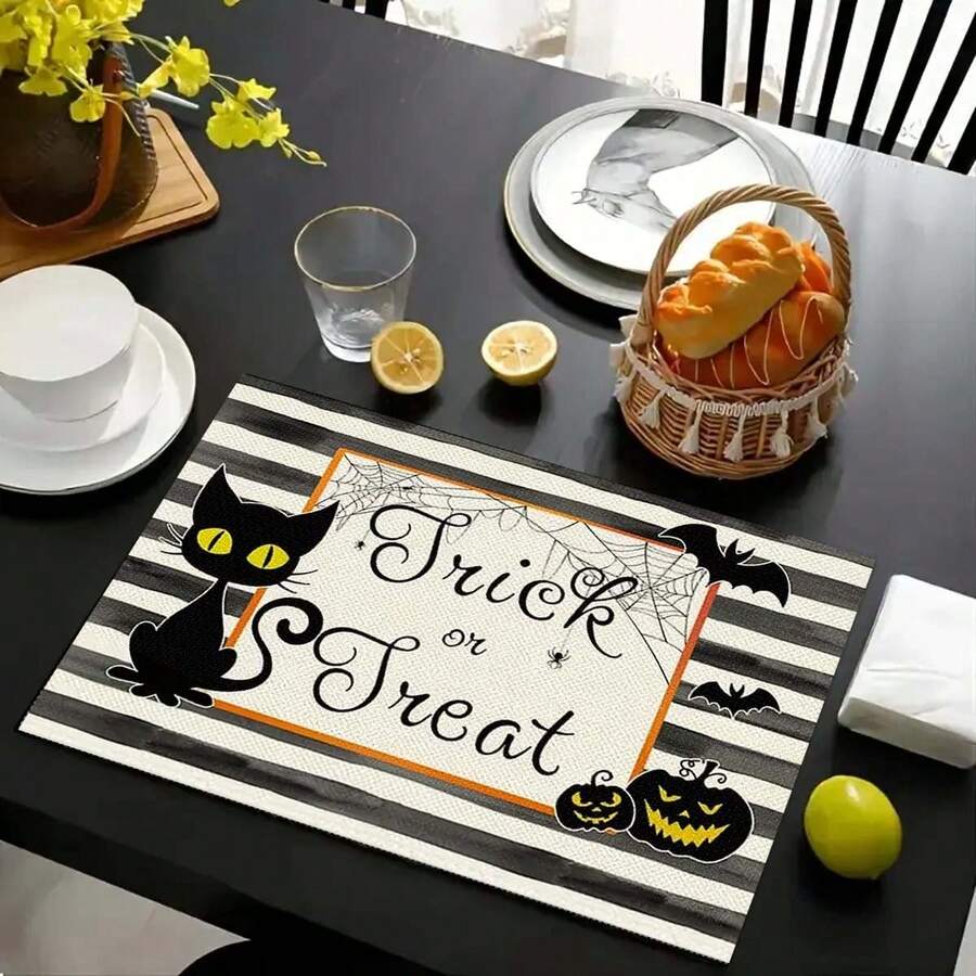 4 piezas Manteles individuales de lino con estampado de fantasma a rayas y gatito para Halloween - Manteles rectangulares de lino tejido para decoración de comedor, cocina, mesa de café y mesa de comedor - Multicolor - Ver 1