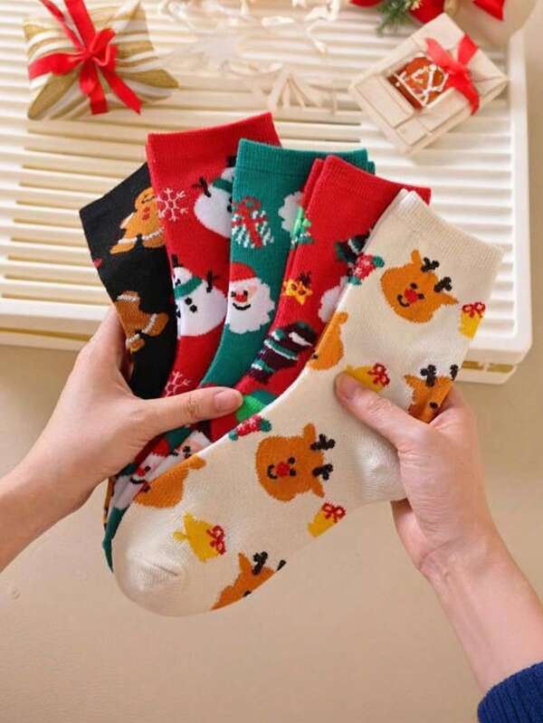 5 Pairs Christmas Socks - Cute Santa Claus, Reindeer And Cartoon Mid-Calf Socks, Holiday Casual Socks Gift