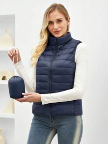 ZIAI Women's Stand Collar Lightweight Short Down Vest, Multiple Colors, Casual Outdoor Autumn/Winter - Navy Blue - View 9
