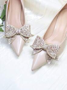 1 对（2 件）可拆卸 DIY 蝴蝶结鞋夹，颜色有黑色、银色、金色、香槟色、杏色、红色，带亮片和水钻，时尚优雅，适合高跟鞋、浅口鞋、平底鞋、婚鞋、办公鞋 - 杏色 - 查看 1