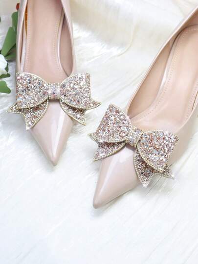 1 par (2 st) avtagbara gör-det-själv-skoklämmor med rosett i svart, silver, guld, champagne, aprikos, rött med paljetter och strass, trendiga och eleganta accessoarer för höga klackar, pumps, platta skor, bröllopsskor, kontorsskor