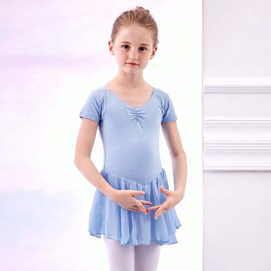 E.DANCE 1 件装少女粉色短袖舞蹈紧身衣配雪纺裙、芭蕾和体操服、芭蕾舞裙、连体衣 - 藍色 - 查看 1