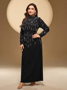 Plus Size Women's Mandarin Collar, Solid Color, Heavy Beaded, Rhinestone Decor, Pearls, Long Mermaid Hem Elegant Long Sleeve Maxi Dress, Suitable For Formal Occasions, Parties, Galas