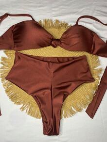 Trilobal Sport Bikini Set With Knotted Top And Hotpants – Comfort And Style For Summer - Rust Brown - View 2