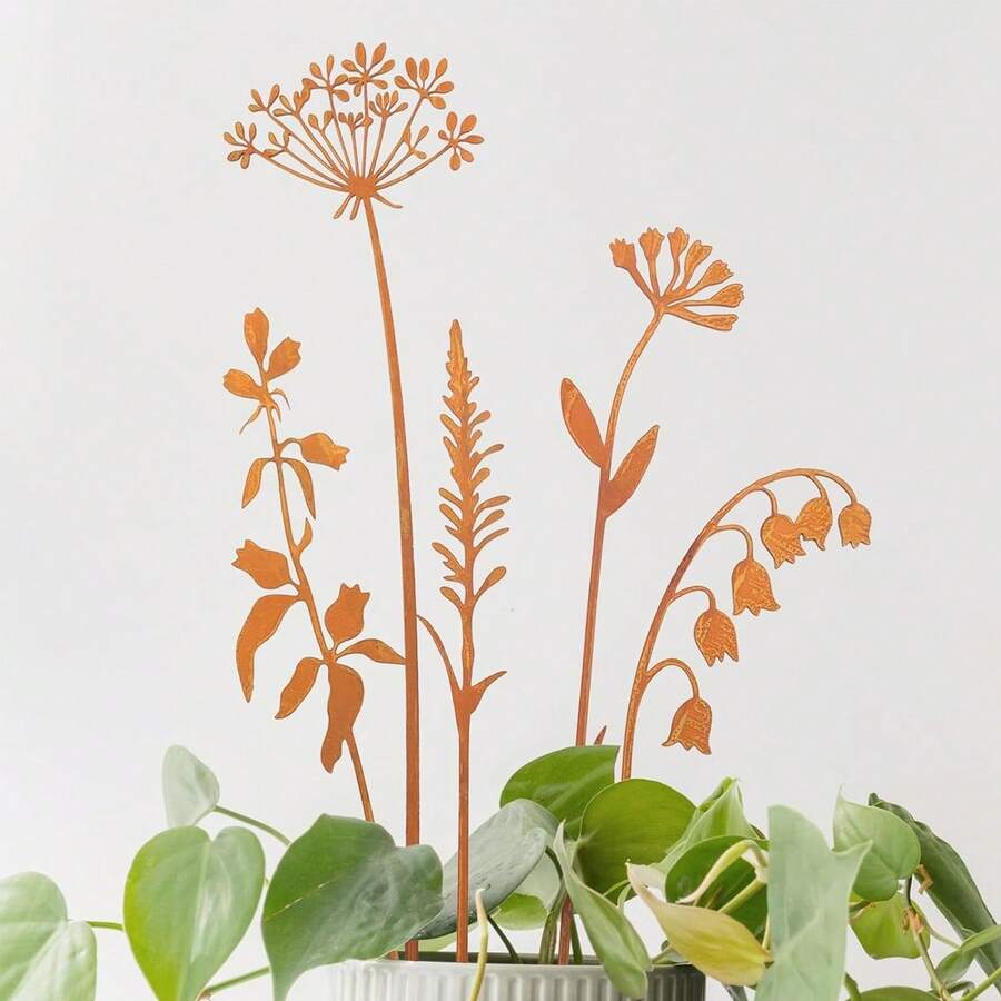 1 Set mit 10 Metallstäben, dekoriert mit Metallblumen, für Innen- und Gartendekoration, künstliche Blumenvasen-Dekorationen, Heimdekoration, Stäbe für Höfe, Außenrasen, Höfe, Gehwege und Gärten.