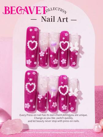 BEGAVET Nuevo set de 10 uñas postizas de calidad de salón hechas a mano, uñas largas cuadradas de color morado, diseño exclusivo 3D con dijes 3D, adecuadas para fiestas de Año Nuevo, festivales de música y uso diario