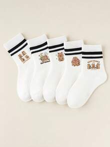 5 pares de calcetines de moda para niños con lindos diseños de capibara. Calcetines de tubo medio con elementos de dibujos animados de capibara, adecuados para niños y niñas en todas las estaciones. Incluye calcetines de tobillo con volantes, calcetines de burbuja y calcetines de burbuja con volantes con diseños de capibara.