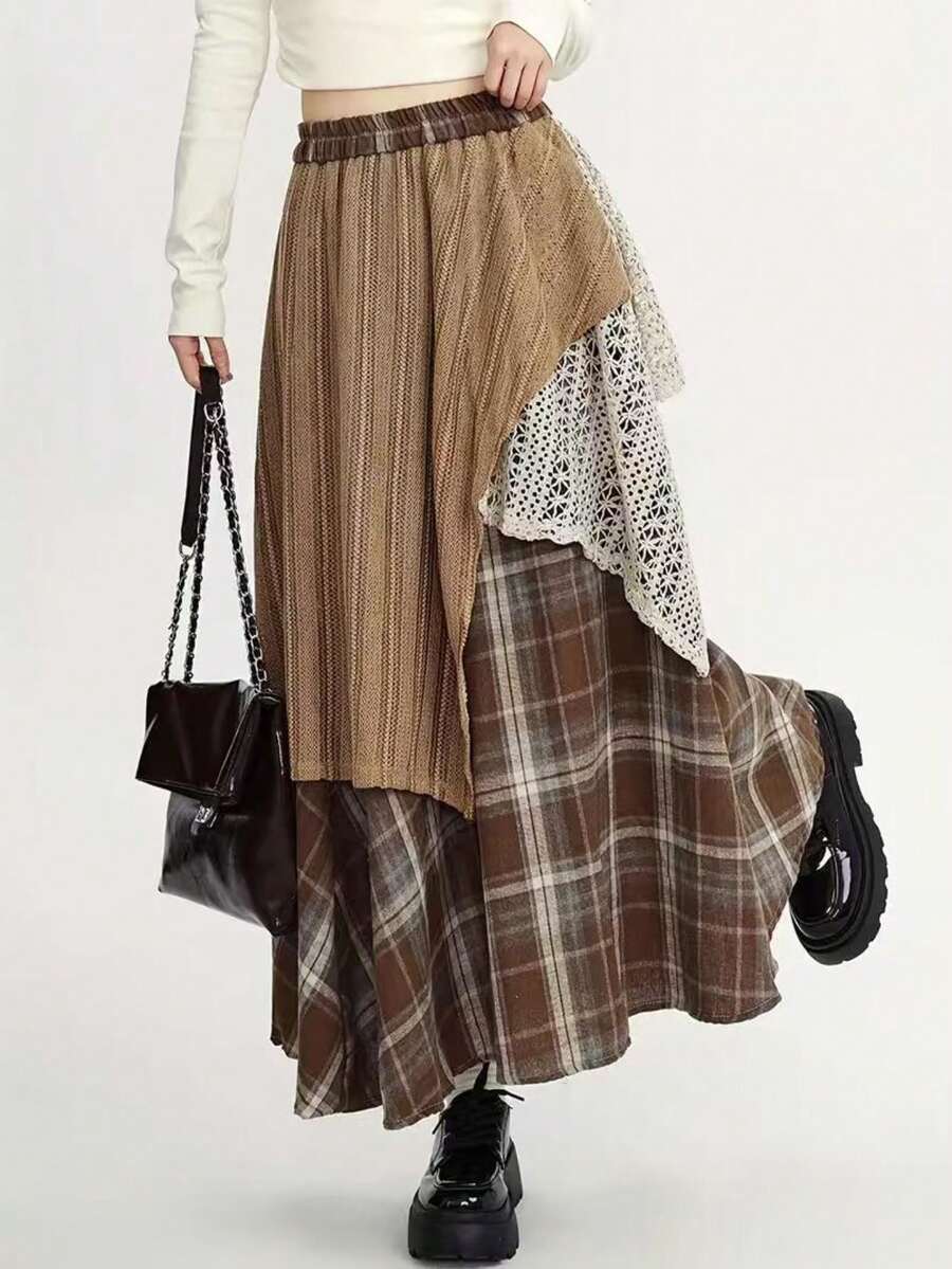 Vintage Distressed Asymmetrical Lace Patchwork A-Line Skirt Spring - Multicolor - View 1