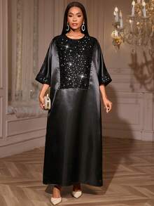 Robe longue africaine élégante pour femmes, col rond, manches chauve-souris, tissu tissé avec des détails de sequins contrastés brillants, sans stretch