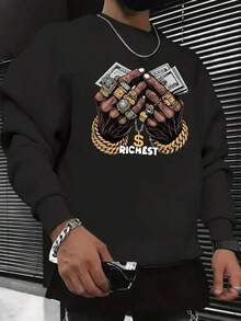 American Vintage Casual Fashion Print Sweatshirt, Long-Sleeve Crew Neck Pullover, Autumn And Winter Leisure Top, Men'S Clothing.,Fall Hoodies,Men's Fall Clothes,Street Wear,Halloween,Mens Hoodies,Y2k Clothes,Jesus Hoodie,Thanksgiving Day,Nightmare Before Christmas,Christmas - Black - View 1