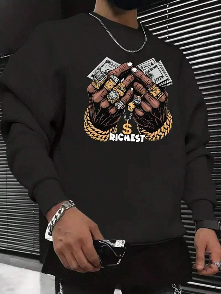 American Vintage Casual Fashion Print Sweatshirt, Long-Sleeve Crew Neck Pullover, Autumn And Winter Leisure Top, Men'S Clothing.,Fall Hoodies,Men's Fall Clothes,Street Wear,Halloween,Mens Hoodies,Y2k Clothes,Jesus Hoodie,Thanksgiving Day,Nightmare Before Christmas,Christmas - Black - View 1