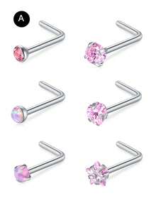CIZME 6Pcs/Set Pink Nose Studs Nose Rings For Women 20G L Corkscrew Bone Nose Ring Nose Stud Stainless Steel Nose Screw Studs Nose Rings Studs Stainless Steel Nostril Nose Piercing Jewelry - Pink-a - View 10
