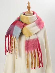 1 件女士秋冬新款格子仿羊绒粗针织流苏围巾，超长厚实保暖时尚街头风格柔软舒适披肩，适合旅行和日常使用 - 多色 - 查看 4