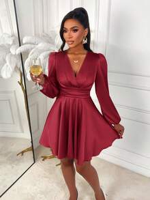 AIJ This Elegant Solid Color V-Neck Fitted A-Line Satin Shiny Mini Skirt With Puff Sleeves Is The Perfect Choice For Spring And Autumn Seasons. Suitable For Parties, Daily Commute, Christmas, New Year, Valentine's Day And Various Occasions.