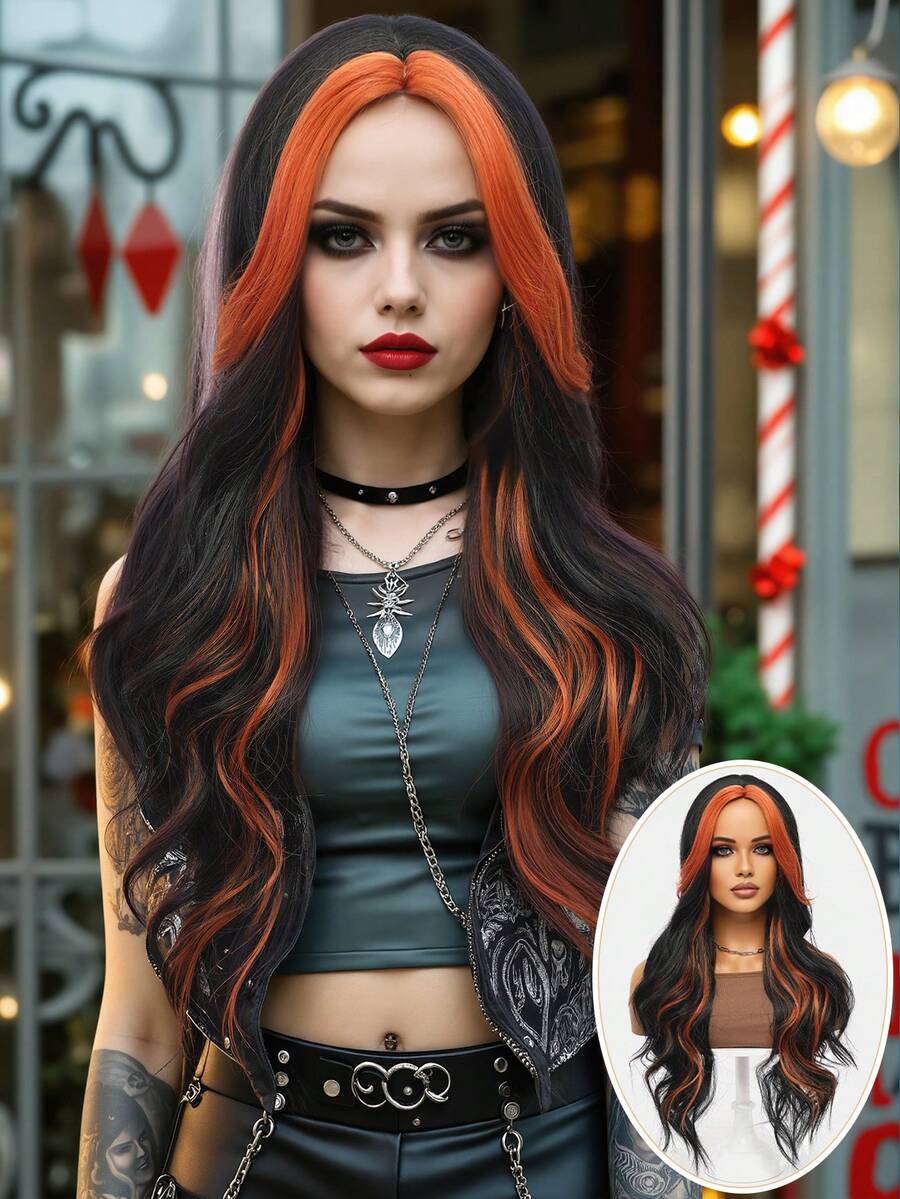 clouder Black Highlight Orange Extra Long Curly Wig 30 Inch Cosplay Wig Halloween Christmas Wig Elegant Soft Matte Hair Loose Curls Casual Outing Street Punk Wig Rock Wig Fluffy Natural Cool Girl Synthetic Heat-Resistant Fiber Wig Suitable For Women Daily Party Wig Music Festival Wig Avant-Garde College Style Wig Modern Fashion Gothic Wig - 挑染棕色 - 查看 1