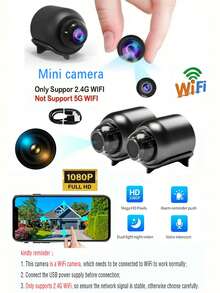 1个/2个1080P高清迷你摄像头，家用安防摄像头，无线WiFi连接，夜视，移动侦测，便携式家庭监控 - 黑色 - 查看 3