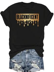 [Camiseta de moda casual] Camiseta de mujer suave y cómoda - Camiseta de manga corta de cuello redondo con estampado de gotas de arte dorado "Blacknificent", regalo perfecto para la abuela y la mamá, uso casual de primavera y verano - Negro - Ver 1