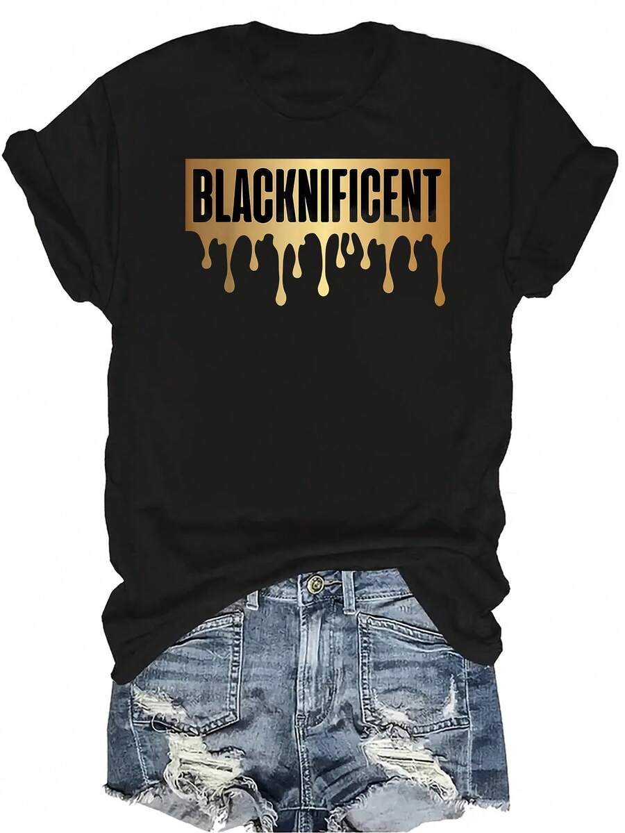 [Camiseta de moda casual] Camiseta de mujer suave y cómoda - Camiseta de manga corta de cuello redondo con estampado de gotas de arte dorado "Blacknificent", regalo perfecto para la abuela y la mamá, uso casual de primavera y verano - Negro - Ver 1