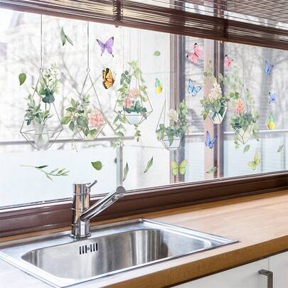 Floral Window Stickers Hanging Flower Vase Window Clings Decals Indoor Outdoor Decorations For Home
