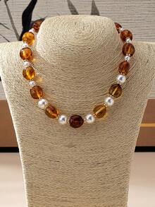 Colier la modă, de înaltă calitate, cu mărgele de chihlimbar și perle, 1 buc., potrivit pentru ținuta zilnică în stil boho a femeilor.