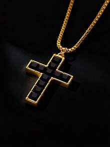Inlaid Square Zirconia Cross Necklace For Men 18K Gold Plated Box Chain Stainless Steel Necklaces Luxury Design Cross Charm Jesus Religious Style Jewelry Daily Wear