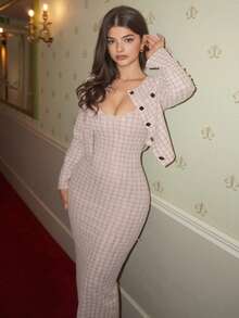 DAZY Bộ 2 món áo khoác cổ tròn kẻ caro và váy hai dây cho nữ, mùa thu - Màu be - Xem 5