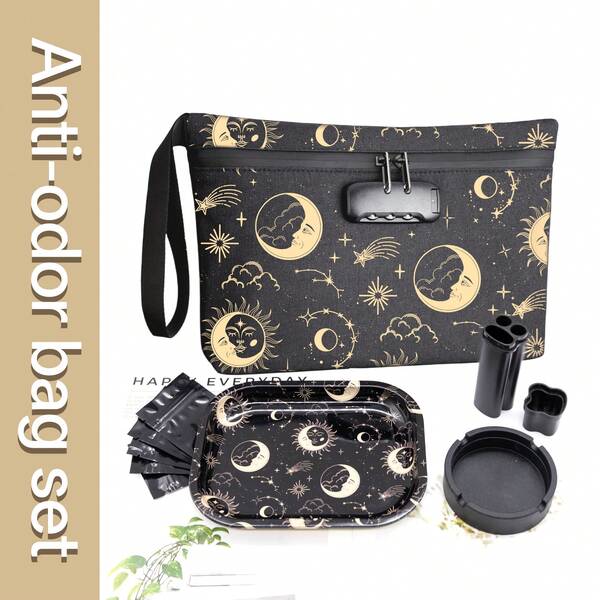 Ensemble de sacs anti-odeurs de 12,5" x 7,5" avec serrure à combinaison à 3 chiffres, plateau métallique et accessoires, doublure en carbone activé, sac de rangement étanche à fermeture éclair, convient pour sac de voyage, cadeaux d'anniversaire et de Noël