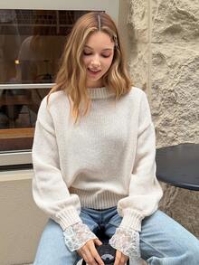 DAZY New Autumn Loose Casual Lace Patchwork Women Sweater - White - View 9