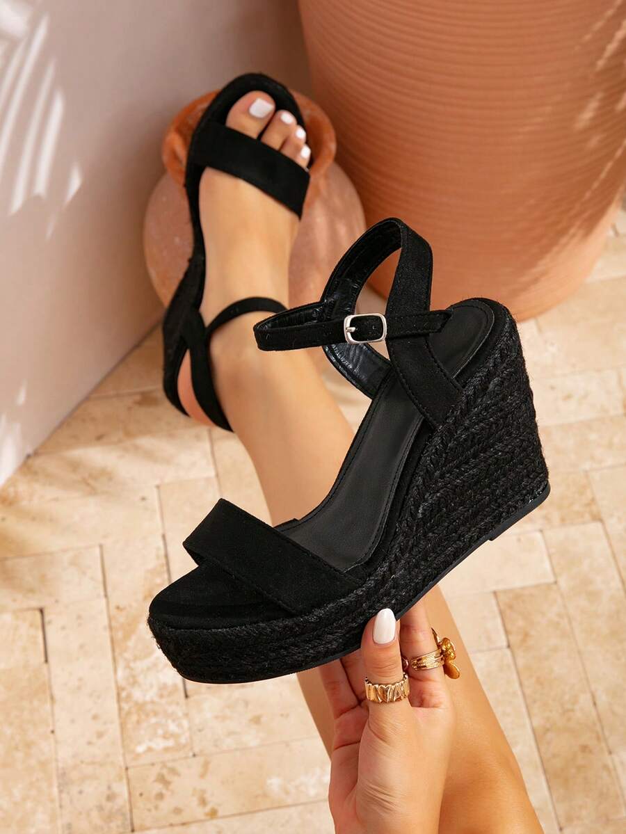 Giày sandal đế xuồng rơm màu đen mới dành cho nữ, kiểu dáng thời trang mùa xuân/hè, thích hợp cho kỳ nghỉ ngoài trời, quai dây thừng, gót cao dày, kiểu La Mã.