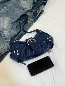 Bolso de motocicleta vintage punk con remaches para mujer, bolso de un hombro bajo el brazo para trabajo y desplazamientos - Azul Marino - Ver 6