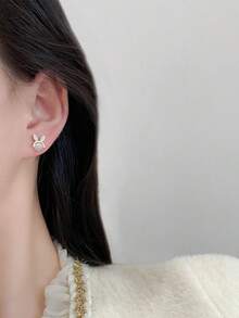 1 Pair Cute Cat Eye Stone Rabbit Stud Earrings, Simple Versatile Adorable Earrings For Women