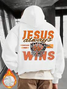 Men'S American Casual Hooded Sweatshirt With Basketball Graphic Print, Fleece-Lined Long Sleeve Pullover, Relaxed Fit, Drawstring Hood, And Inspirational Always Wins Design For Fall-Winter,Fall Hoodies,Men's Fall Clothes,Street Wear,Halloween,Mens Hoodies,Y2k Clothes,Jesus Hoodie,Thanksgiving Day,Nightmare Before Christmas,Christmas - 白色 - 查看 1