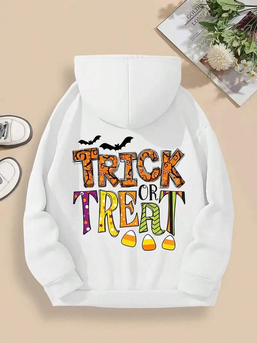 White Halloween Hooded Sweatshirt With Trick Or Treat Lettering & Candy Corn Design - Cozy Pullover Hoodie With Pockets, Machine Washable, Spooky Bats & Candy Graphics For Trick-Or-Treating, Fall & Winter Casual Wear,Fall Hoodies,Men's Fall Clothes,Street Wear,Halloween,Mens Hoodies,Y2k Clothes,Jesus Hoodie,Thanksgiving Day,Nightmare Before Christmas,Christmas - White - View 1