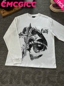 EMCGICC Manfinity Y2k Long Sleeve Shirts ,Graphic T Shirt Cotton 250g,Fashionable Hip-Hop For Men -  Long Sleeve T-Shirts, Funny Vintage Shirts,Regular Fit, Street Style, Digital Print,  Ideal Gift - 白色 - 查看 1