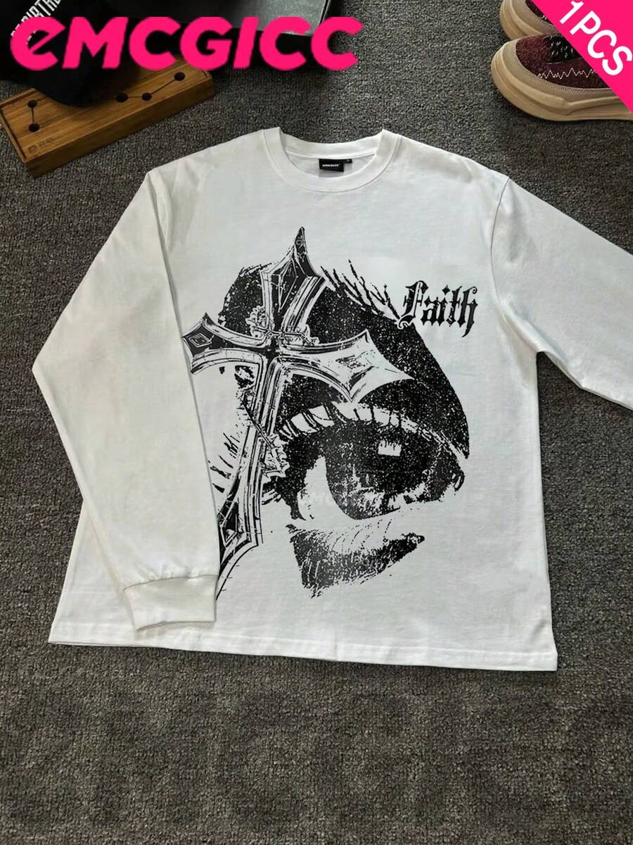 EMCGICC Manfinity Y2k Long Sleeve Shirts ,Graphic T Shirt Cotton 250g,Fashionable Hip-Hop For Men - Long Sleeve T-Shirts, Funny Vintage Shirts,Regular Fit, Street Style, Digital Print, Ideal Gift - 白色 - 查看 1