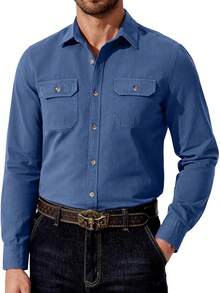 Mens Western Cowboy Shirt Long Sleeve Cotton Button Down Work Shirts With Pockets - Black - View 8
