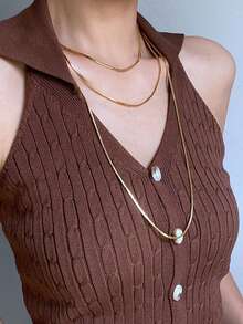 1pc Fashionable Minimalist Extra Long Golden Stainless Steel Snake Bone Necklace, Layered Wear For Sweaters, Suitable For Women's Daily, Festival, Party Matching And Gift