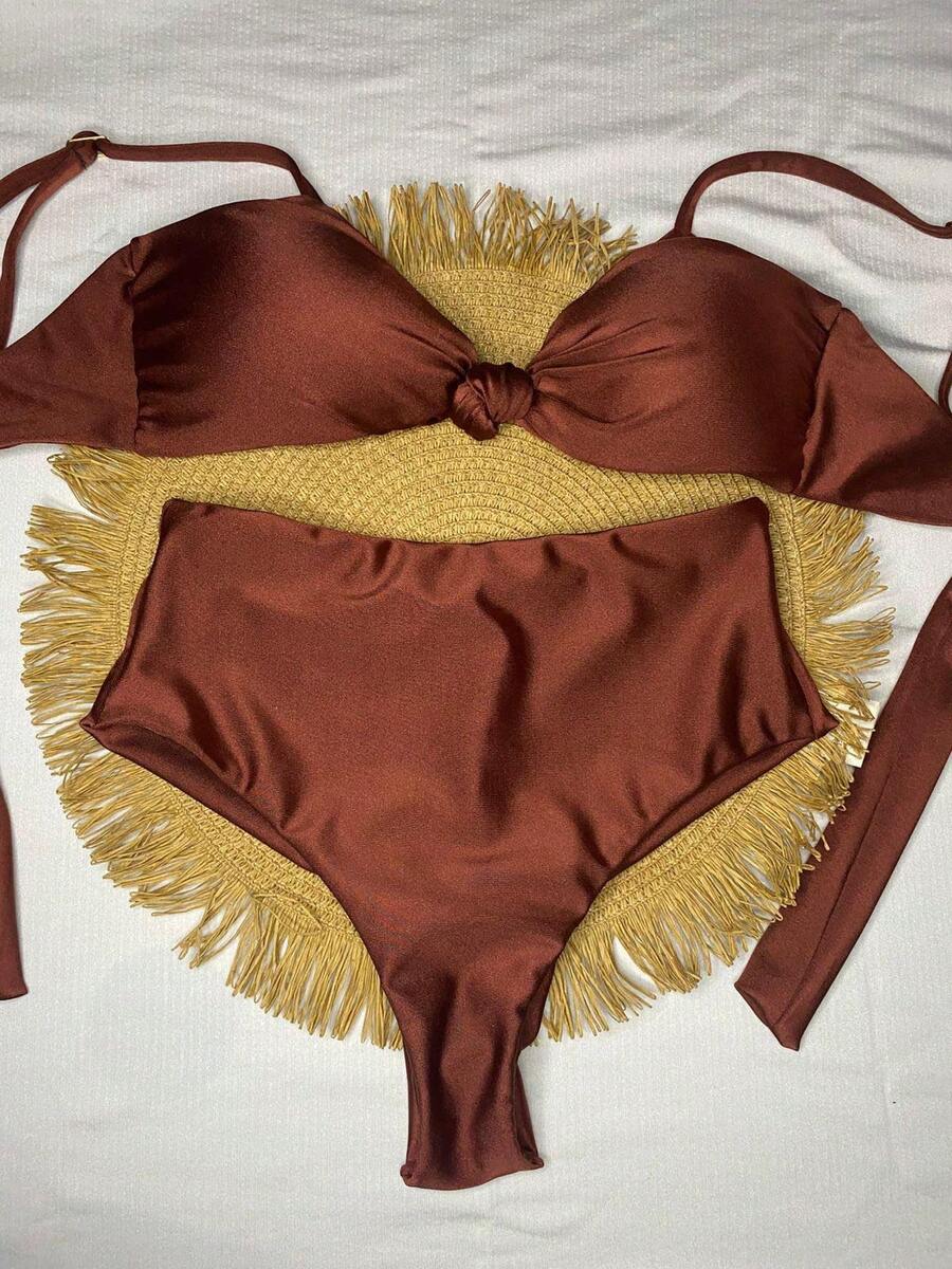 Trilobal Sport Bikini Set With Knotted Top And Hotpants – Comfort And Style For Summer - Rust Brown - View 1