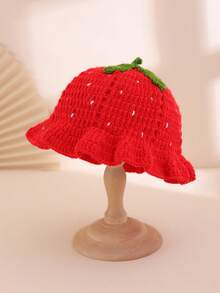 1 件女士红色褶边卡通草莓渔夫帽，温暖秋季可爱甜美针织帽，适合派对、茶会、情侣约会 - 草莓 - 查看 6