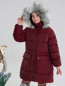 SOLOCOTE Tween Girls' Padded Coat, Mid-Length, Thick Thermal Lined, Warm For Winter - Burgundy - View 5