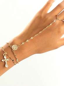 1 Set Women's Fashion Alloy Virgin Mary Relief Vintage Religious Cross Pendant Linked Finger Chain, Suitable For Festivals And Parties