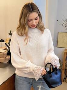DAZY New Autumn Loose Casual Lace Patchwork Women Sweater - White - View 5