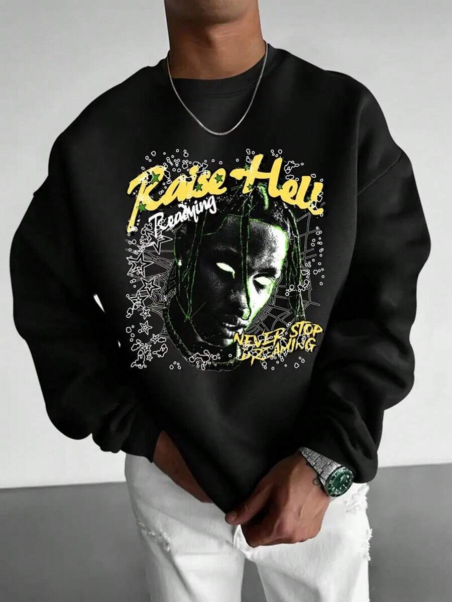 Sudadera informal de cuello redondo con estampado gráfico y diseño creativo para hombre, manga larga, tejido de poliéster, ligera elasticidad y corte holgado. Sudadera con capucha de otoño, ropa de otoño para hombre, ropa de calle, Halloween, sudadera con capucha para hombre, ropa Y2K, sudadera con capucha de Jesús, Día de Acción de Gracias, Pesadilla antes de Navidad, Navidad. - Negro - Ver 1