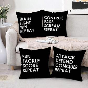 TOPSSCTR 4 piezas Funda de almohada de estilo vintage con diseño de fútbol, diseño "Comer Dormir Fútbol Repetir" de una sola cara, lavable a máquina, cierre con cremallera, funda decorativa de poliéster tejido para varios tipos de habitaciones - Sin relleno incluido