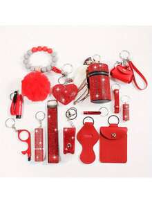 15pcs Rhinestone Safety Keychain Set For Women, Wristlet Keyring With Storage Pouch & Pom Pom Card Holder Accessories Kit - Nhiều màu - Xem 9