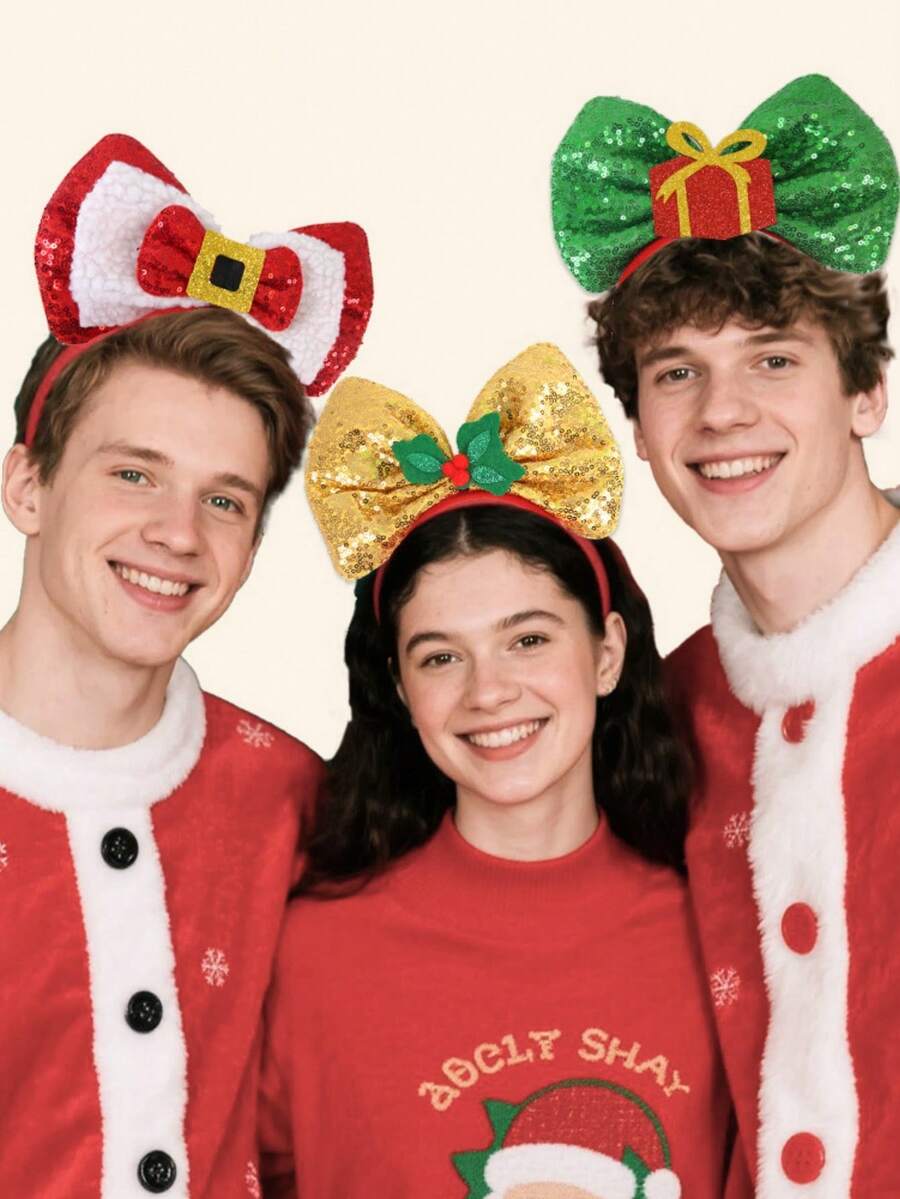 1PC Christmas Bow Headbands, Sequin Xmas Hair Hoops With Santa Holly Gift Decor, Cute Festive Hair Accessories For Women Girls, Christmas Party Cosplay Headwear, Party, Hair Band ,Hairband For Women