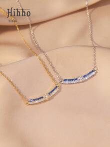 Hihho 1pc New Elegant Navy Blue & Transparent White Zirconia Stainless Steel Necklace, Fashionable Multifunctional Necklace, Curved Women's Minimalist Delicate Gold-Plated Flower Necklace, Suitable For Daily Wear, Weddings And Parties